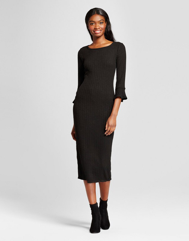 photo Ribbed Ruffle Cuff Midi Sweater Dress by K by Kersh, color Black - Image 1