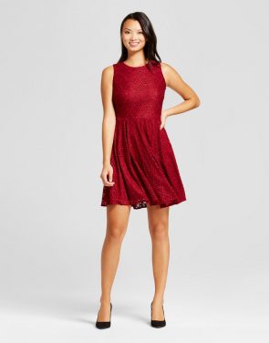 photo Lace Fit and Flare Dress by Melonie T, color Wine Red - Image 1