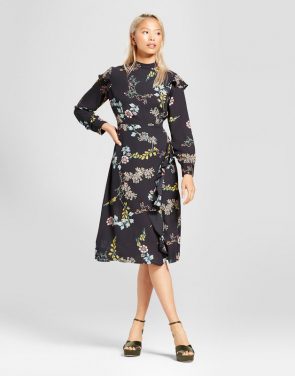 photo Ruffle Slit Dress by Who What Wear, color Black Floral - Image 1