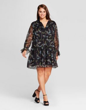 photo Plus Size Tied Neck Mini Dress by Who What Wear, color Black Floral - Image 1