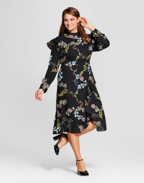 photo Plus Size Ruffle Slit Dress by Who What Wear, color Black Floral - Image 1