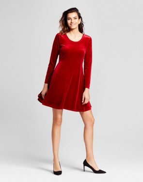 photo Velvet Scoop Neck Fit & Flare Dress by Alison Andrews, color Red - Image 1