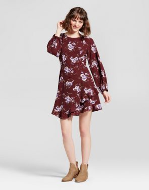 photo Floral Ruffle A-Line Dress by Eclair, color Burgundy - Image 1