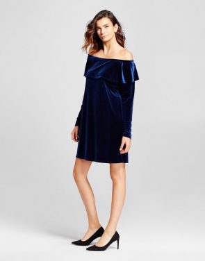 photo Velvet Off the Shoulder Ruffle Dress by Alison Andrews, color Navy - Image 1