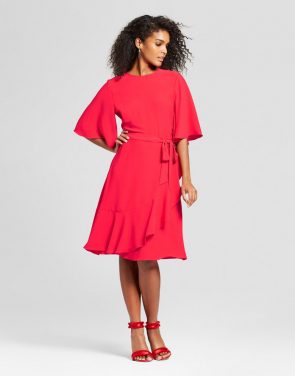 photo Ruffle Wrap Dress by Who What Wear, color Red - Image 1
