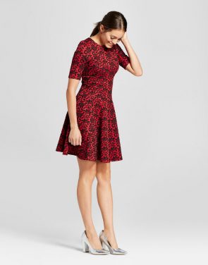 photo Puff Jacquard Fit and Flare Dress by Melonie T, color Red/Black - Image 1