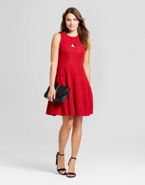 photo Textured Sequin Knit Fit and Flare Dress with Cutout by Melonie T, color Red - Image 1