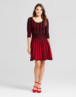 photo Striped Fit and Flare Sweater Dress by Melonie T, color Black/Red - Image 1