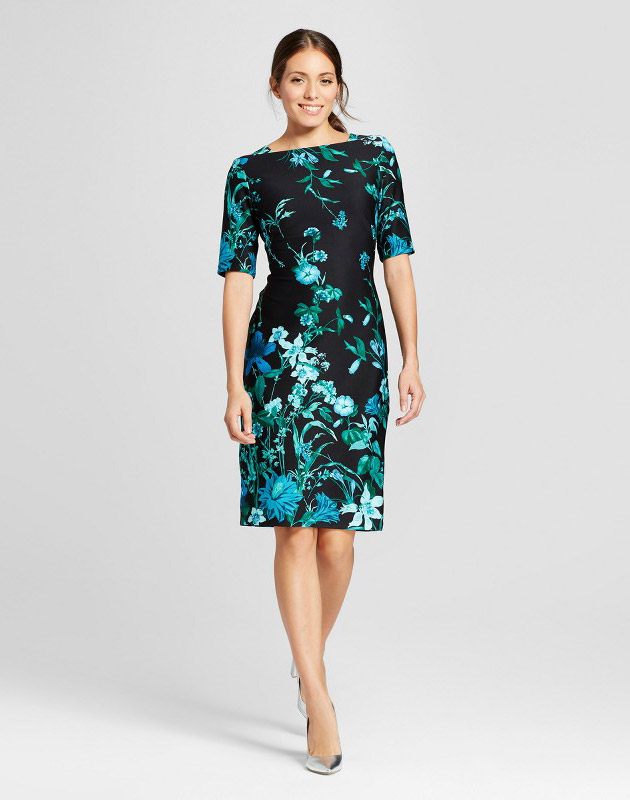 photo Floral Printed Midi Scuba Dress by Melonie T, color Black/Emerald, Green - Image 1