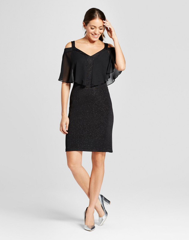 photo Glitter Knit Cold Shoulder Dress with Chiffon Overlay by Chiasso, color Black - Image 1
