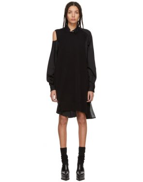 photo Black Asymmetric Knit and Poplin Dress by Sacai - Image 1