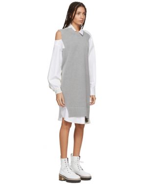 photo Grey and White Asymmetric Knit and Poplin Dress by Sacai - Image 2