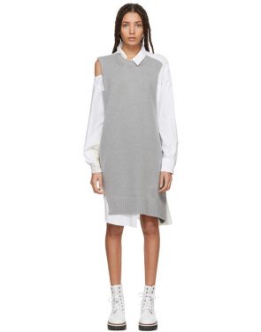 photo Grey and White Asymmetric Knit and Poplin Dress by Sacai - Image 1