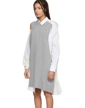 photo Grey and White Asymmetric Knit and Poplin Dress by Sacai - Image 4