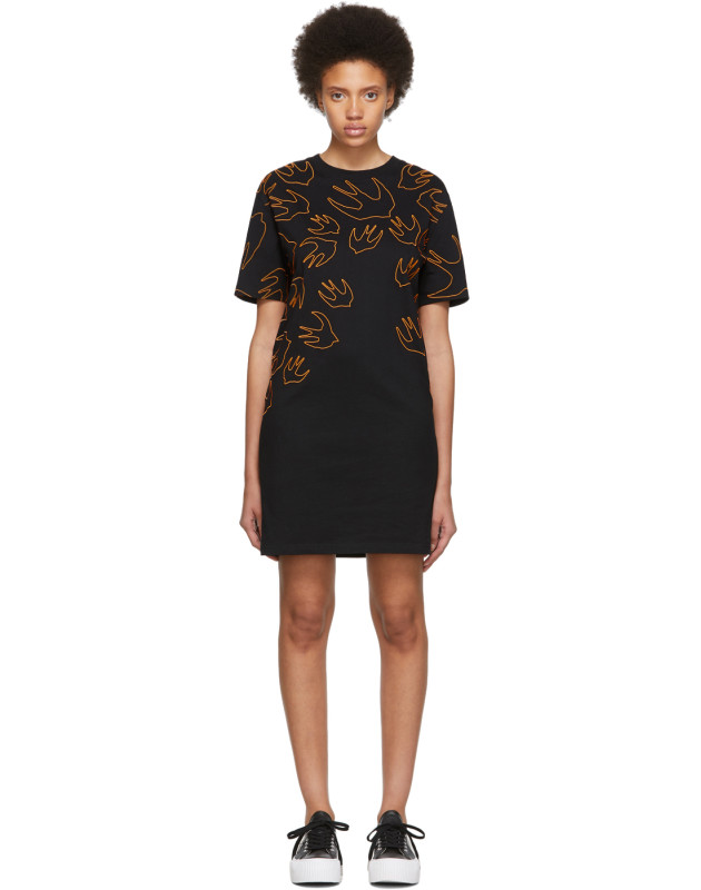 photo Black and Orange Embroidered Swallow Signature T-Shirt Dress by McQ Alexander McQueen - Image 1