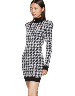 photo Black and White Tweed Houndstooth Long Sleeve Dress by Balmain - Image 4